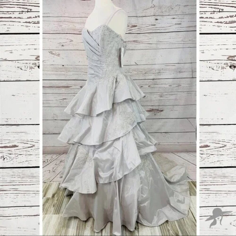 Cosmobella Platinum Wedding Gown Ruched Design, Corset Back, Beaded